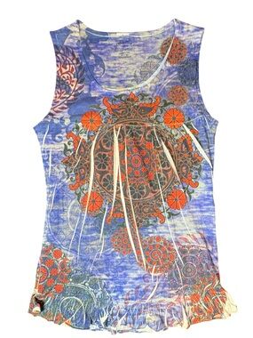 Sleeveless Blue & Orange Floral Print Tank Top